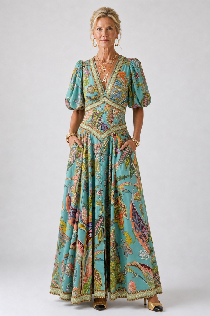 Stella & Grace™ | Flowing Maxi Dress with Puff Sleeves and V-Neck