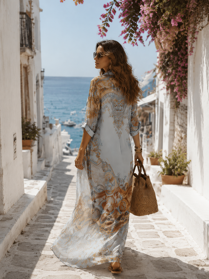 Floral Blue Chiffon Maxi Dress in Baroque Style