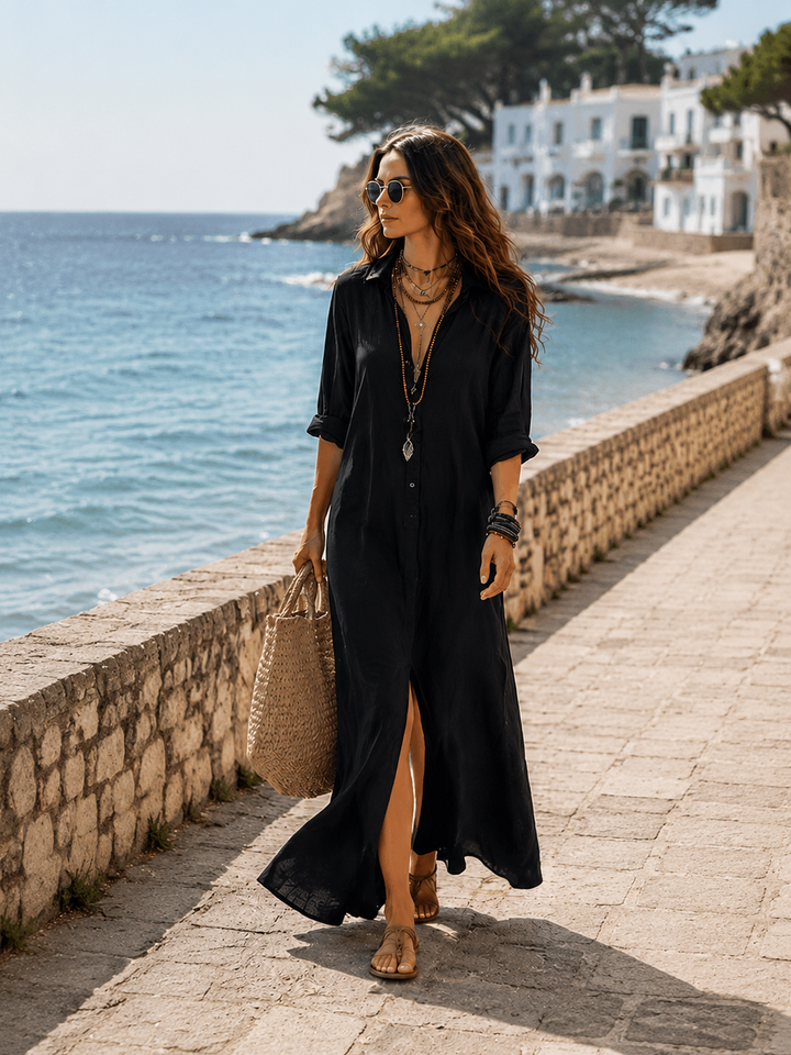 Bohemian Maxi Dress with Black Button-Front Design