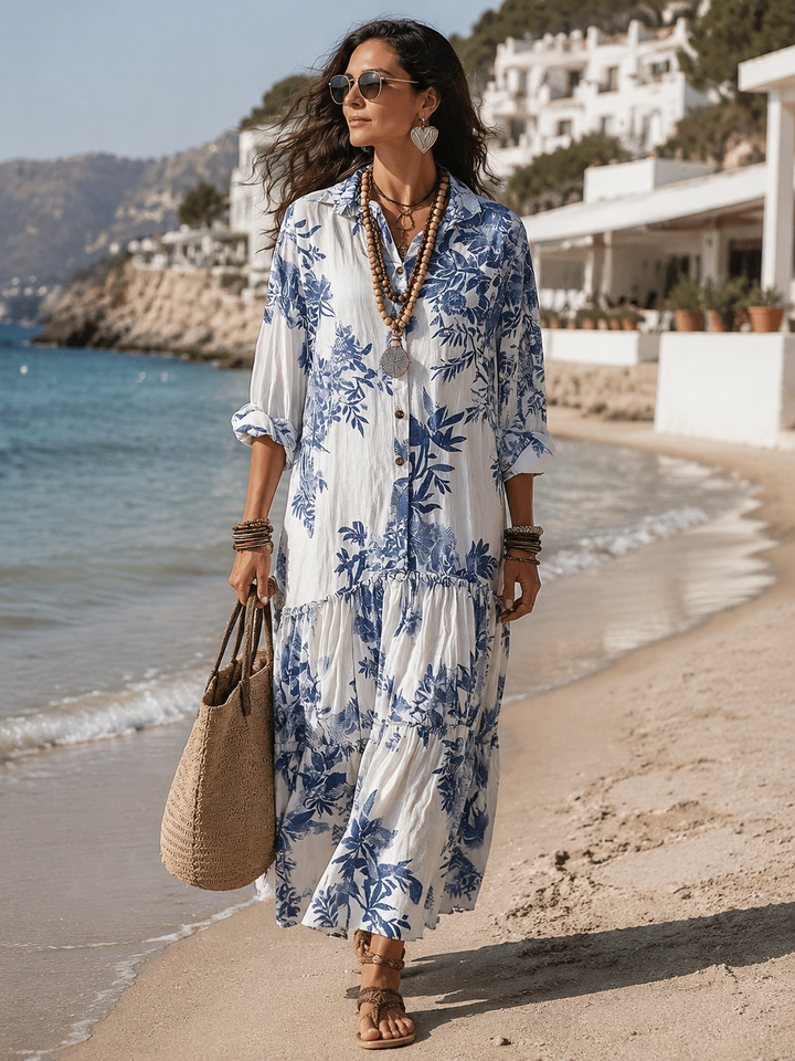 Boho Chic Blue Floral Maxi Dress with Button Details