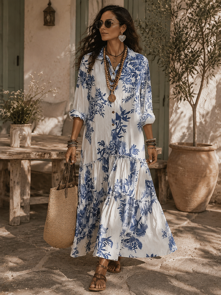 Boho Chic Blue Floral Maxi Dress with Button Details