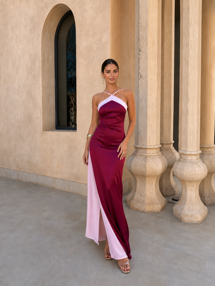 Oasis | Elegant Long Satin Dress with Crisscross Neckline