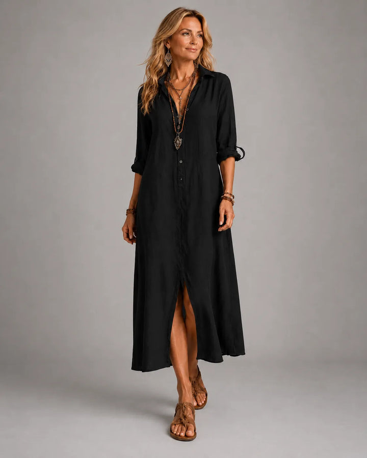 Bohemian Maxi Dress with Black Button-Front Design