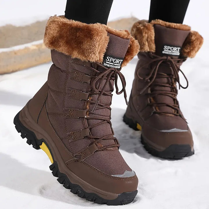 Women's Mid-Calf Snow Boots - Lace-Up - Faux Fur Cuff - Lugged Outsole - Panelled Upper