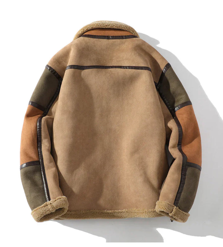 Men’s Shearling Jacket – Relaxed Fit Color Block Zip Front Coat with Patch Pockets