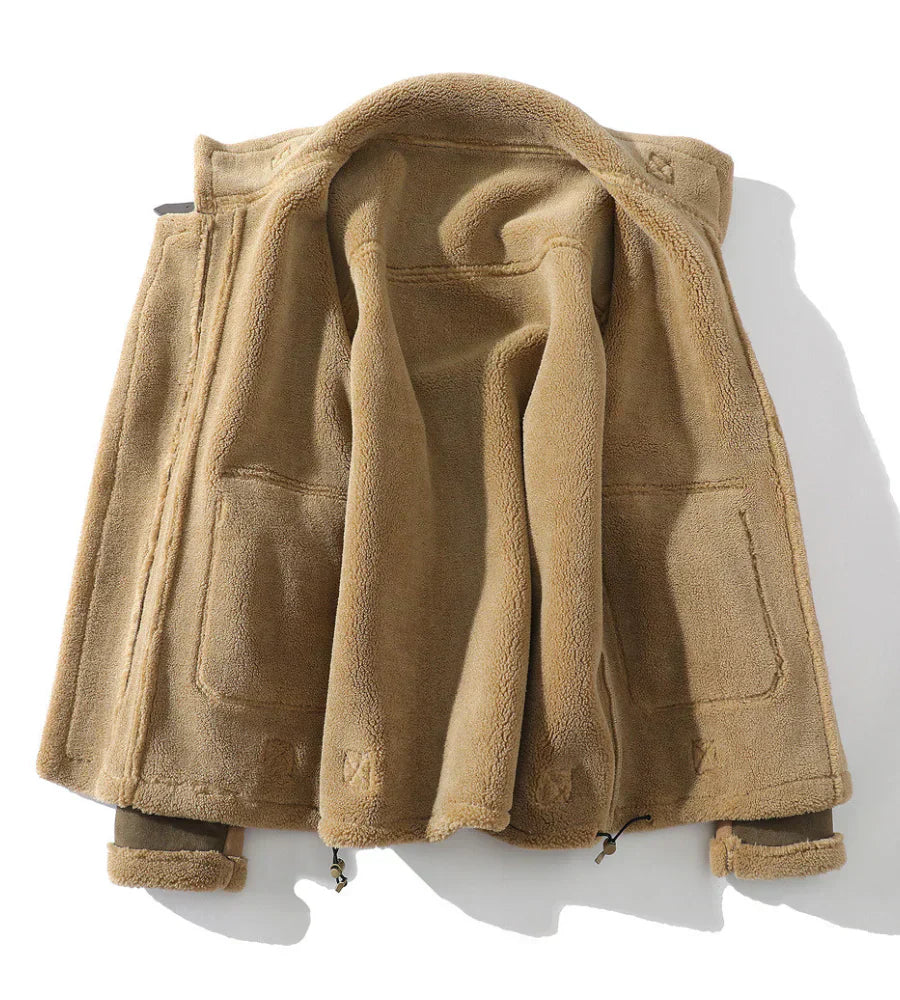 Men’s Shearling Jacket – Relaxed Fit Color Block Zip Front Coat with Patch Pockets