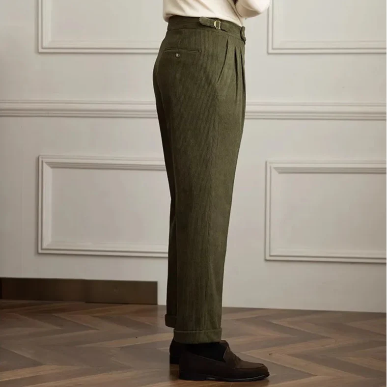 Men's Corduroy Pleated Pants - High Rise - Side Adjusters - Cuffed Hem