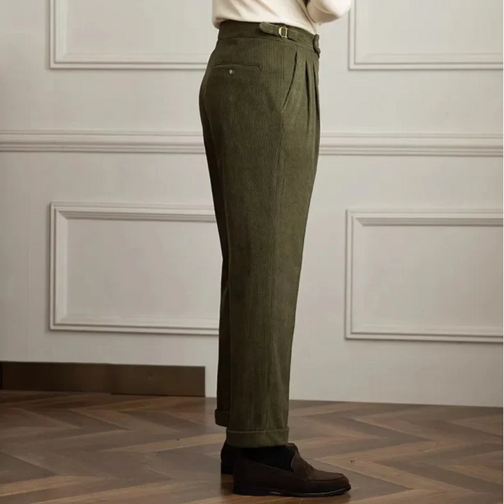 Men's Corduroy Pleated Pants - High Rise - Side Adjusters - Cuffed Hem