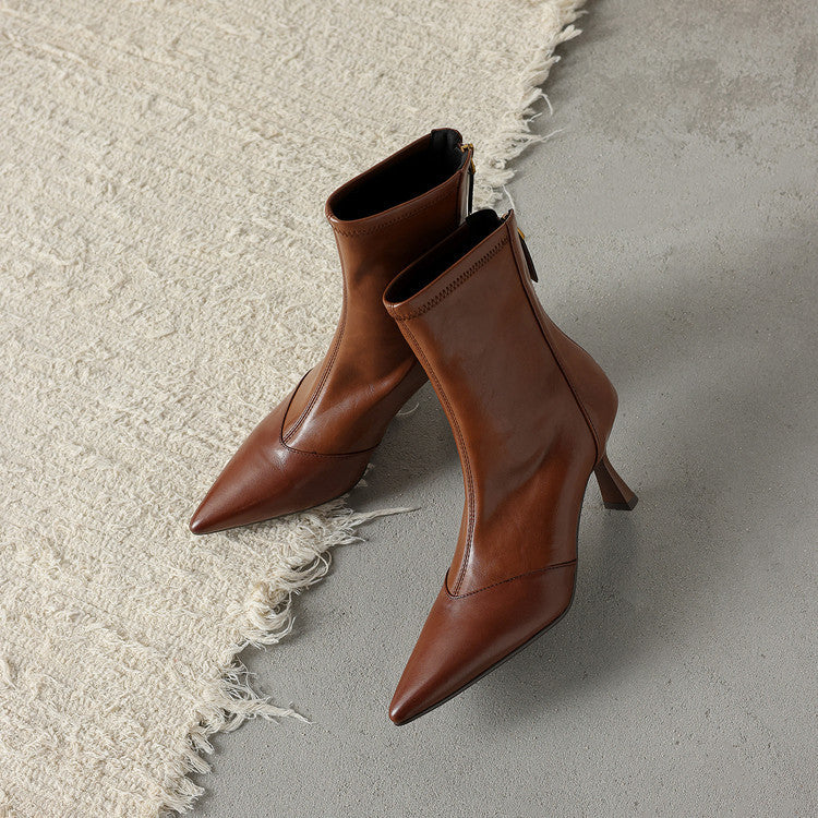 Women's Leather Ankle Boots - Pointed Toe Stiletto Heel with Back Zip and Panel Seam