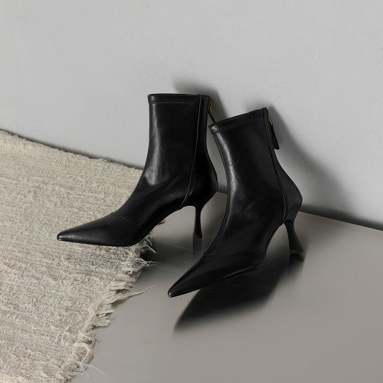 Women's Leather Ankle Boots - Pointed Toe Stiletto Heel with Back Zip and Panel Seam
