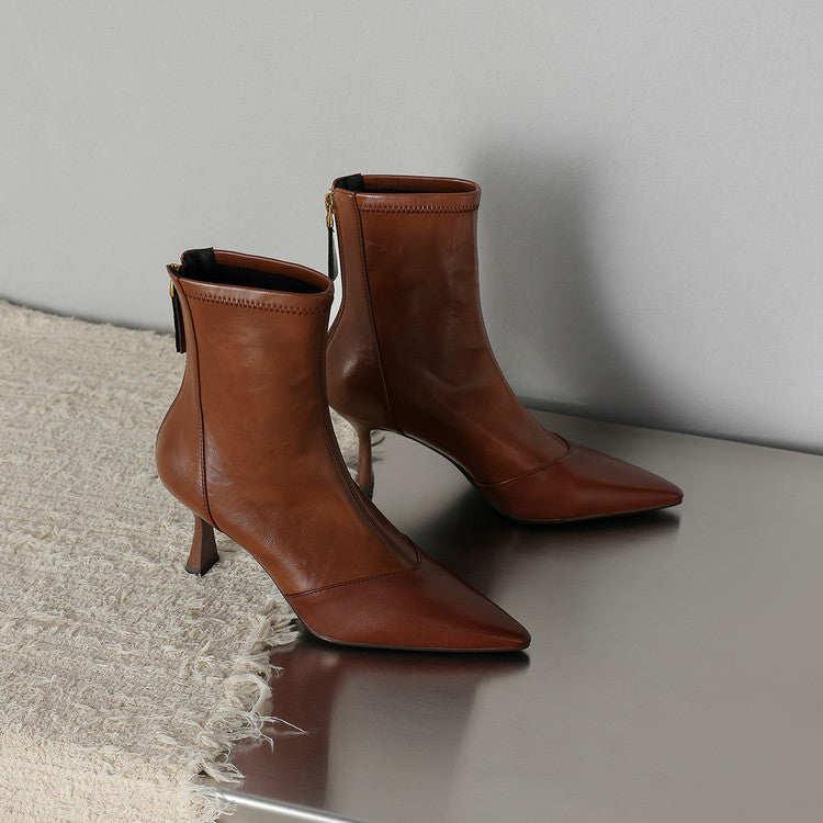 Women's Leather Ankle Boots - Pointed Toe Stiletto Heel with Back Zip and Panel Seam