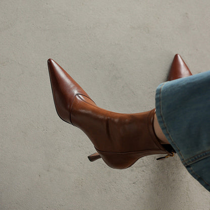 Women's Leather Ankle Boots - Pointed Toe Stiletto Heel with Back Zip and Panel Seam