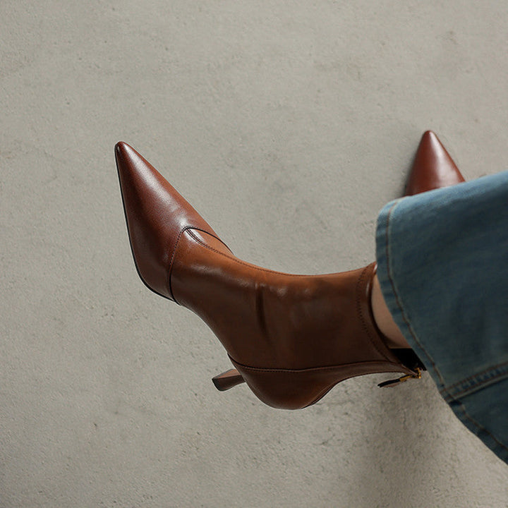 Women's Leather Ankle Boots - Pointed Toe Stiletto Heel with Back Zip and Panel Seam