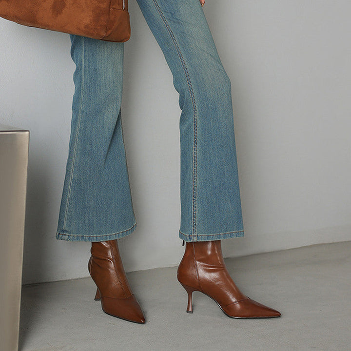 Women's Leather Ankle Boots - Pointed Toe Stiletto Heel with Back Zip and Panel Seam