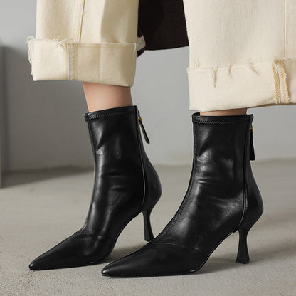 Women's Leather Ankle Boots - Pointed Toe Stiletto Heel with Back Zip and Panel Seam
