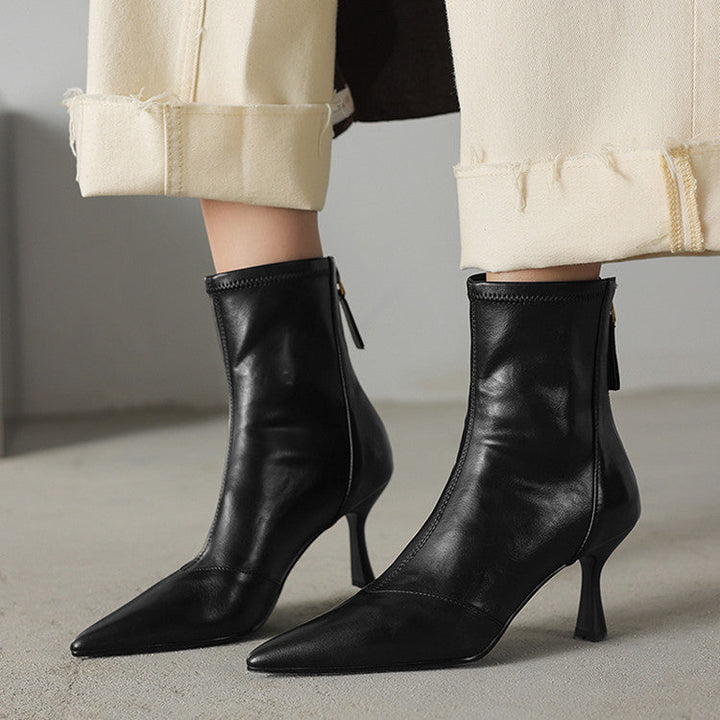 Women's Leather Ankle Boots - Pointed Toe Stiletto Heel with Back Zip and Panel Seam