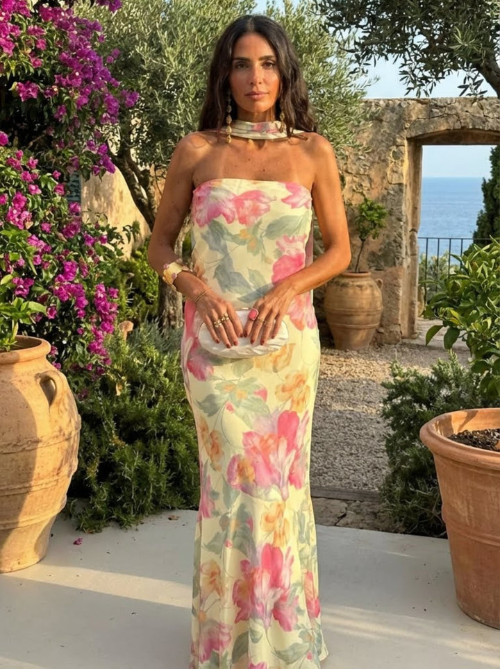 Watercolor Floral Print Maxi Dress with Strapless Design