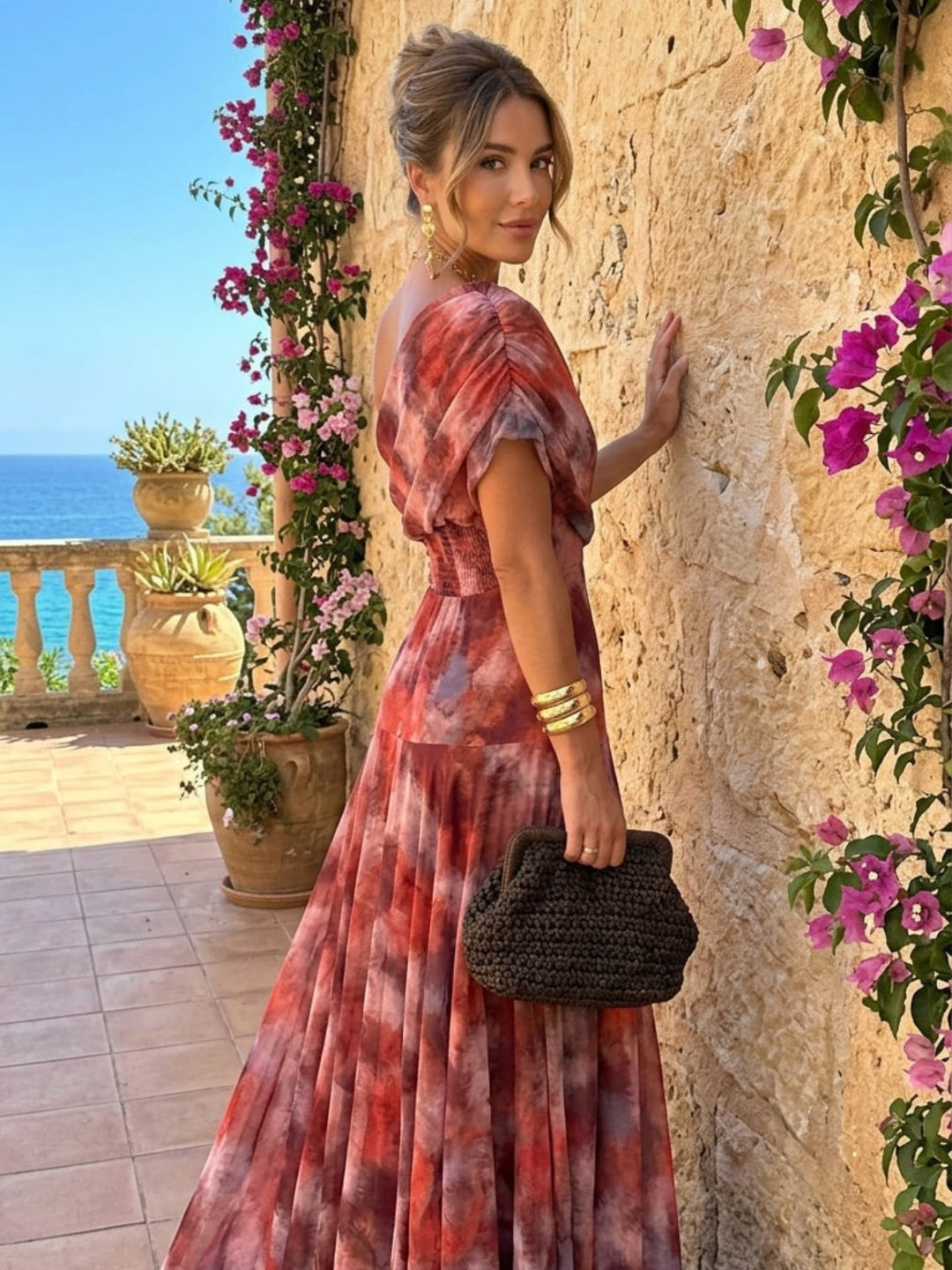 Flowy Watercolor Dress with Dropped Shoulders