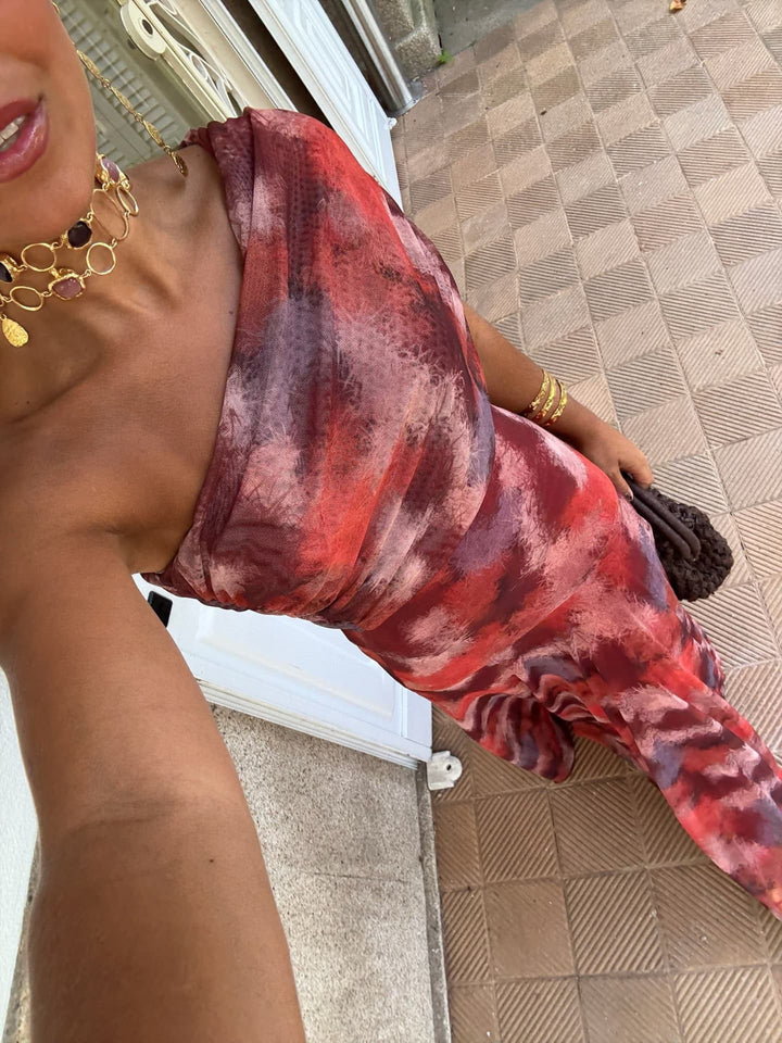 Flowy Watercolor Dress with Dropped Shoulders