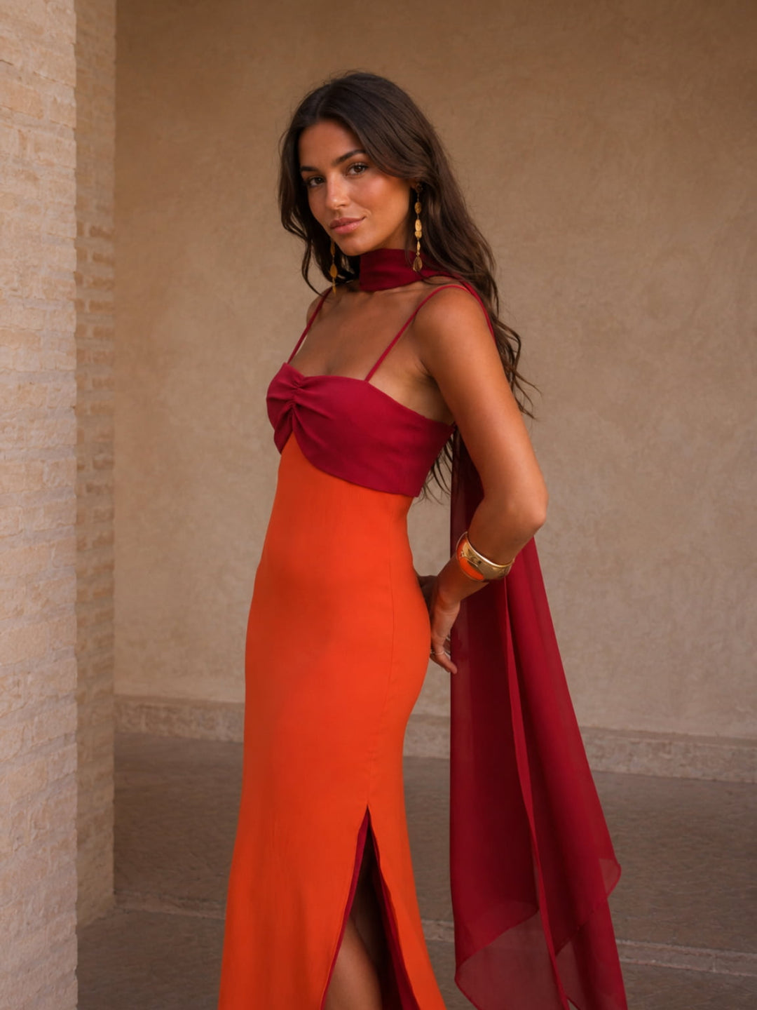 Bicolor Long Draped Dress