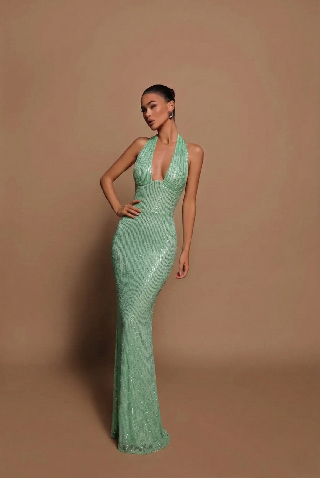 Women's Sequin Maxi Dress - Halter Neck Deep V Bodycon Formal