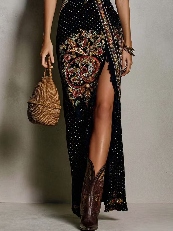Boho-Inspired Printed Dress Featuring a Deep V-Neck and High Slit