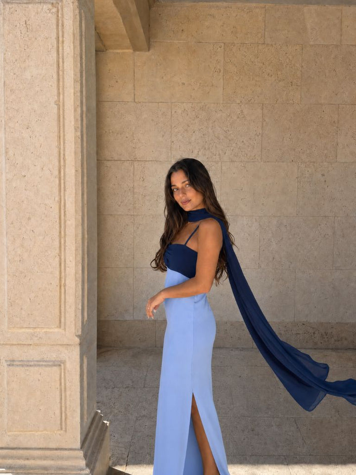Long Draped Dress with Two-Tone Design