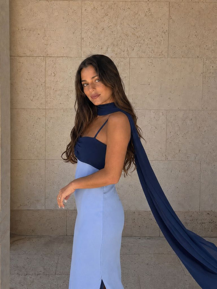 Long Draped Dress with Two-Tone Design