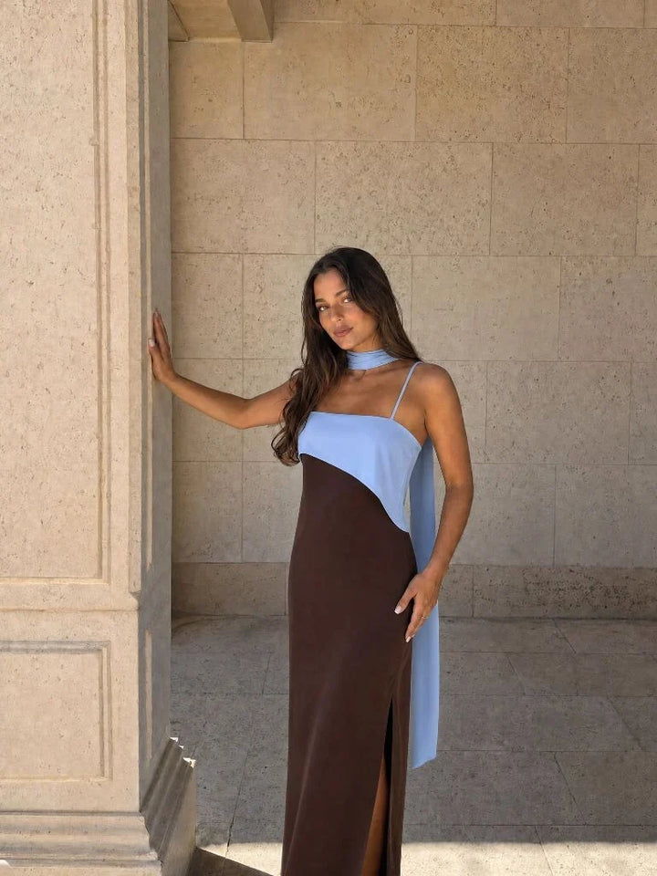 Long Draped Dress in Two Tones