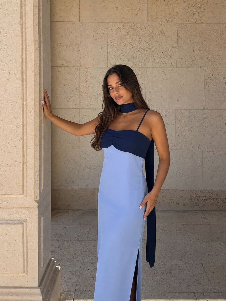 Long Draped Dress with Two-Tone Design