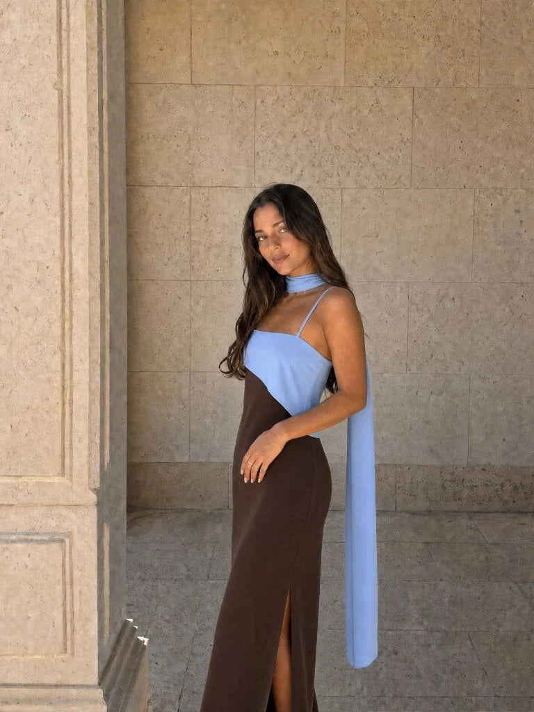 Long Draped Dress in Two Tones
