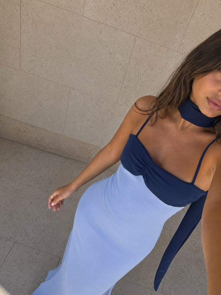 Long Draped Dress with Two-Tone Design