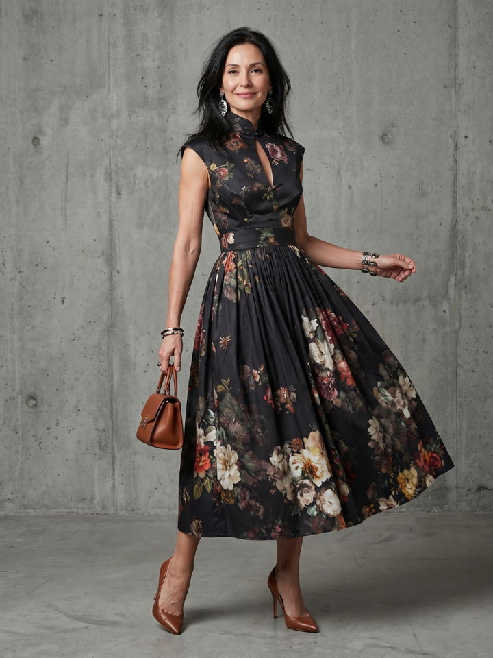 Greta | Floral Pleated Midi Dress with High Neck and Keyhole Detail