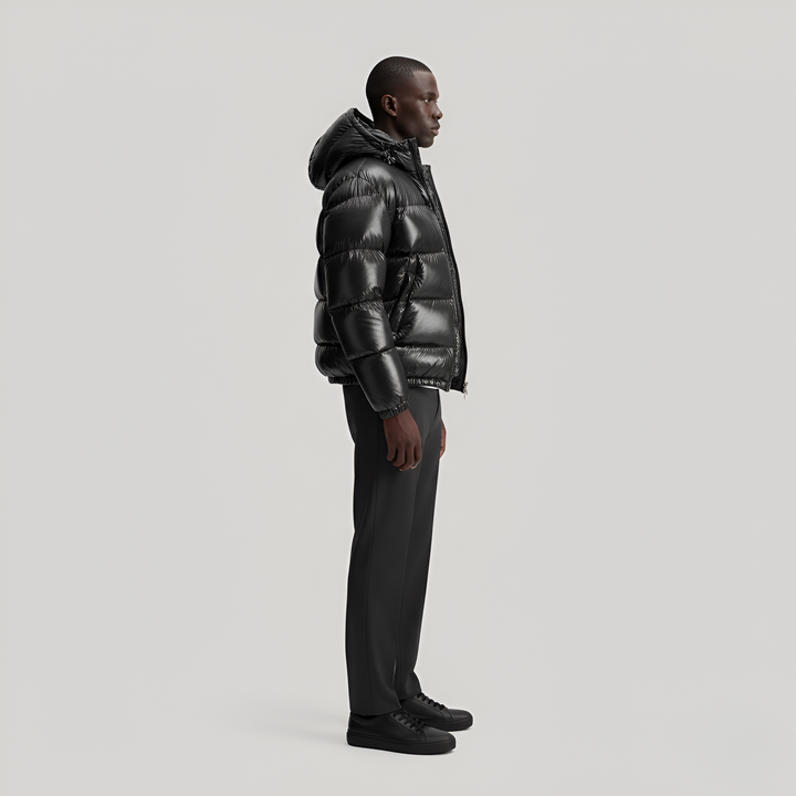 Men's Hooded Puffer Jacket with Glossy Shell - Full Zip - Cropped - Winter Style