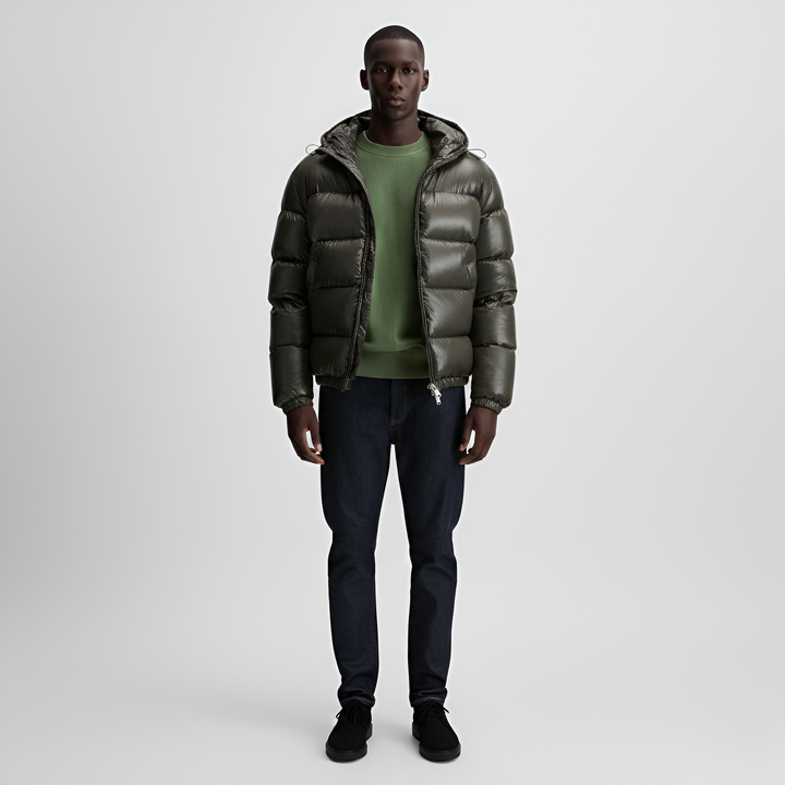 Men's Hooded Puffer Jacket with Glossy Shell - Full Zip - Cropped - Winter Style