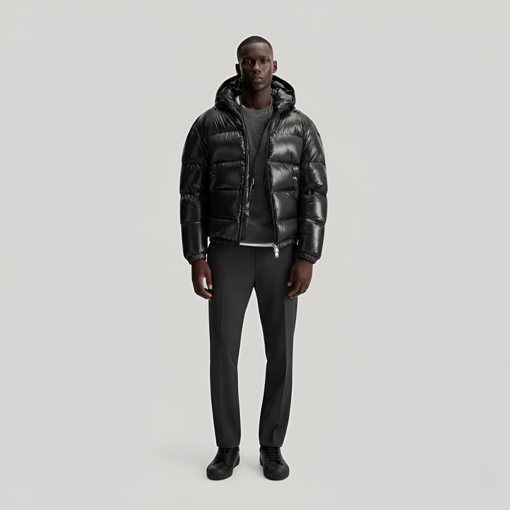 Men's Hooded Puffer Jacket with Glossy Shell - Full Zip - Cropped - Winter Style