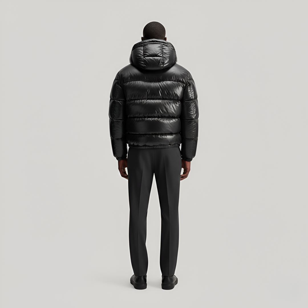 Men's Hooded Puffer Jacket with Glossy Shell - Full Zip - Cropped - Winter Style