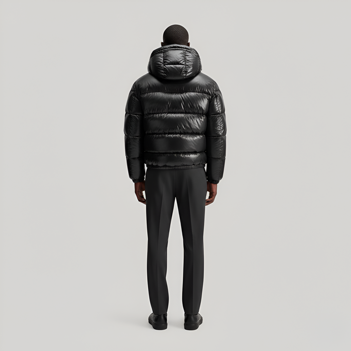 Men's Hooded Puffer Jacket with Glossy Shell - Full Zip - Cropped - Winter Style