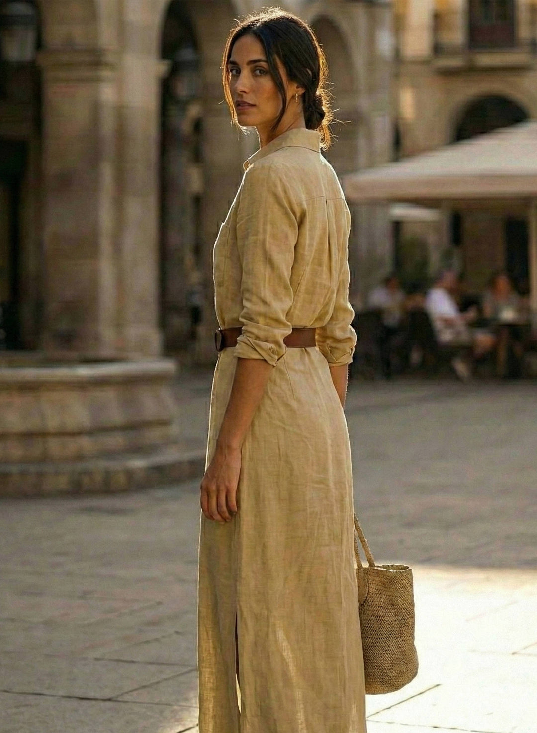 Women's Long Sleeve Shirt Maxi Dress - Wrap Belt V Neck Floor Length