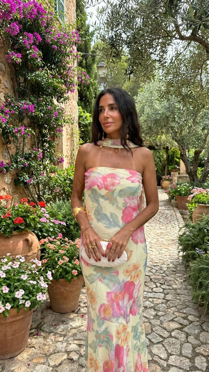 Watercolor Floral Print Maxi Dress with Strapless Design