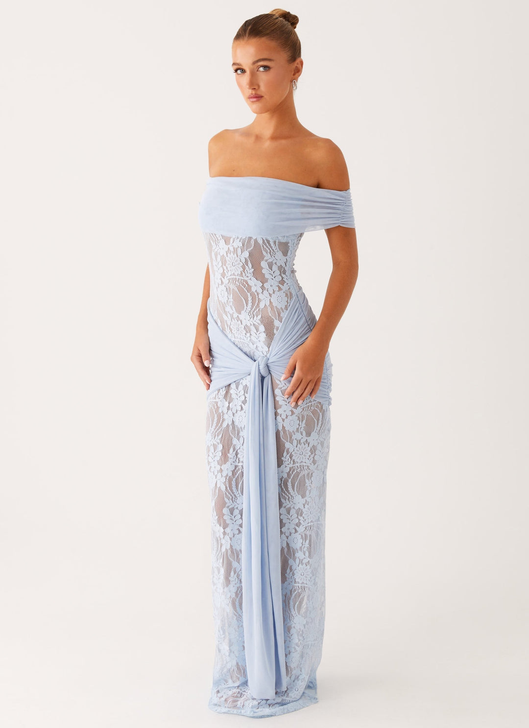 Women's Off The Shoulder Lace Maxi Dress With Tie Detail