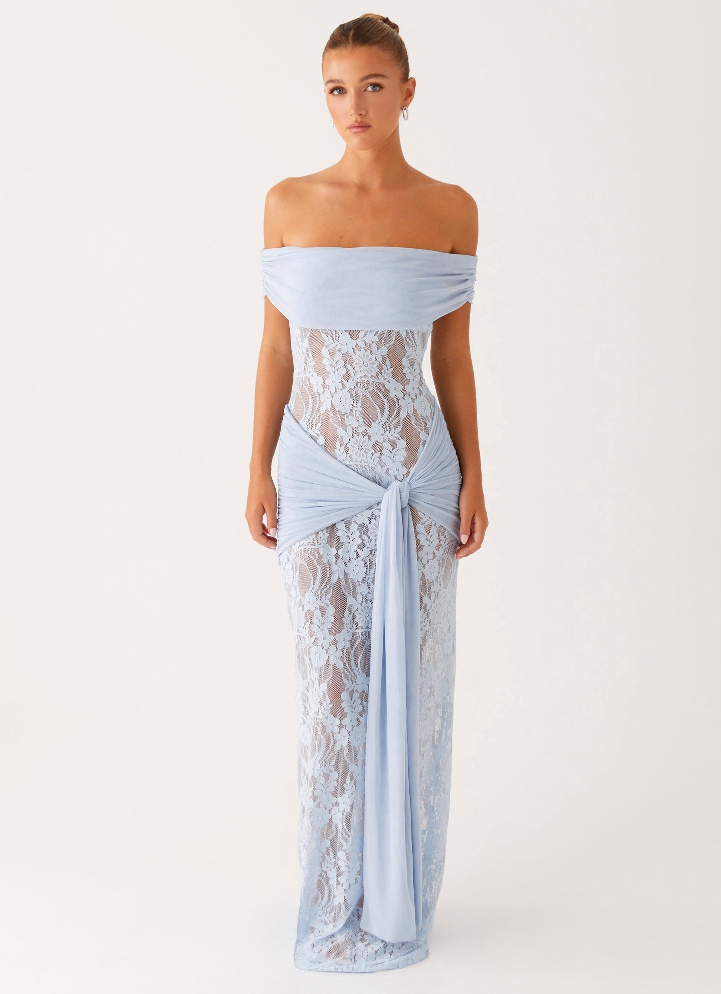 Women's Off The Shoulder Lace Maxi Dress With Tie Detail
