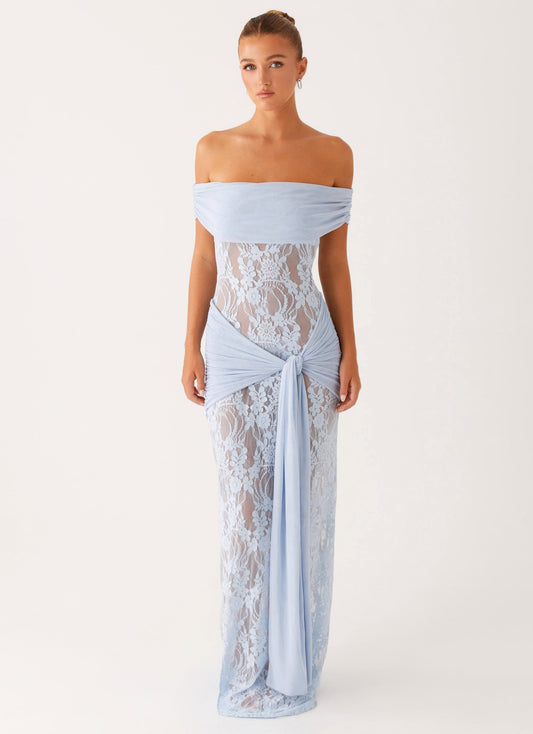 Women's Off The Shoulder Lace Maxi Dress With Tie Detail