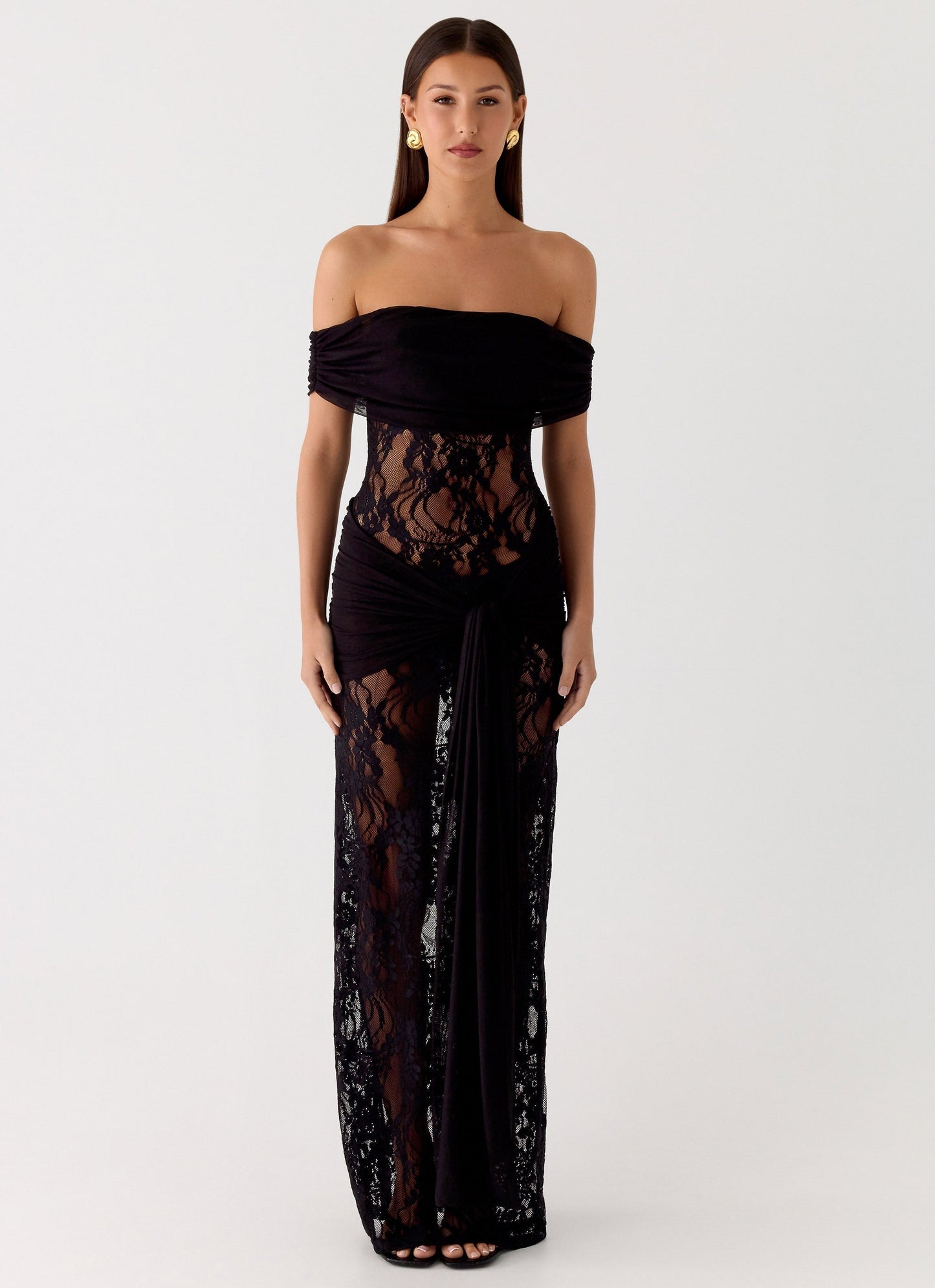 Women's Off The Shoulder Lace Maxi Dress With Tie Detail