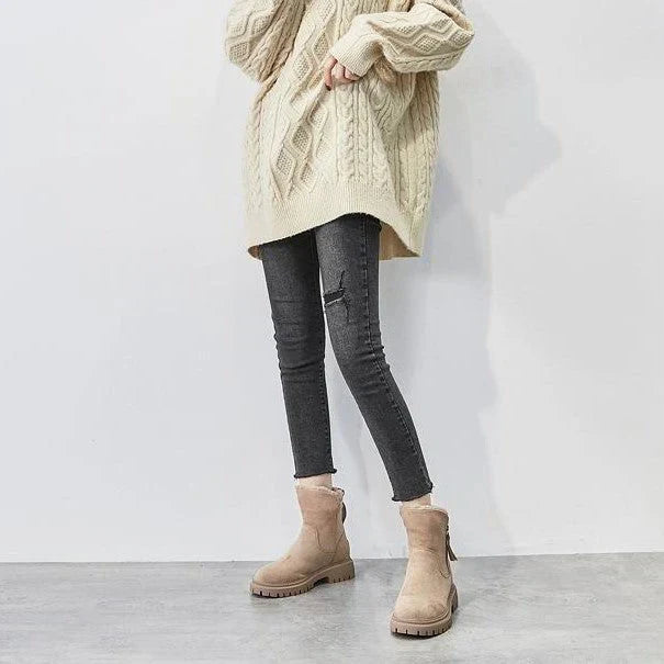 Women's Ankle Boots - Slip-On Platform Boot with Fleece Lining and Side Zip