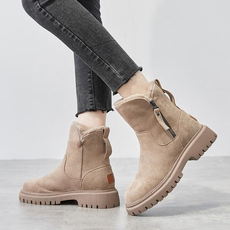 Women's Ankle Boots - Slip-On Platform Boot with Fleece Lining and Side Zip