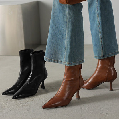 Women's Leather Ankle Boots - Pointed Toe Stiletto Heel with Back Zip and Panel Seam