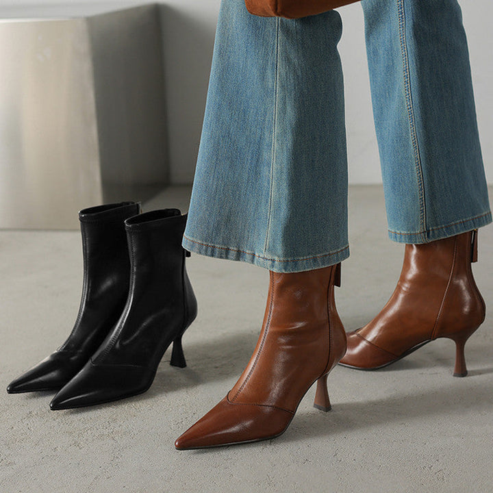 Women's Leather Ankle Boots - Pointed Toe Stiletto Heel with Back Zip and Panel Seam