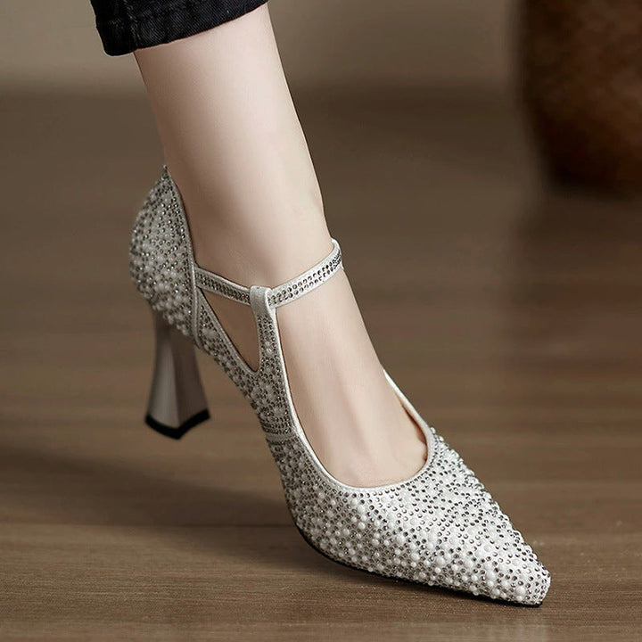 Women's Stilettos - Rhinestone Embellished T-Bar Strap with Pointed Toe and Flared Heel