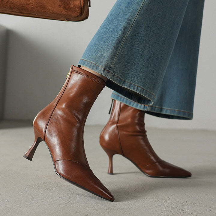 Women's Leather Ankle Boots - Pointed Toe Stiletto Heel with Back Zip and Panel Seam